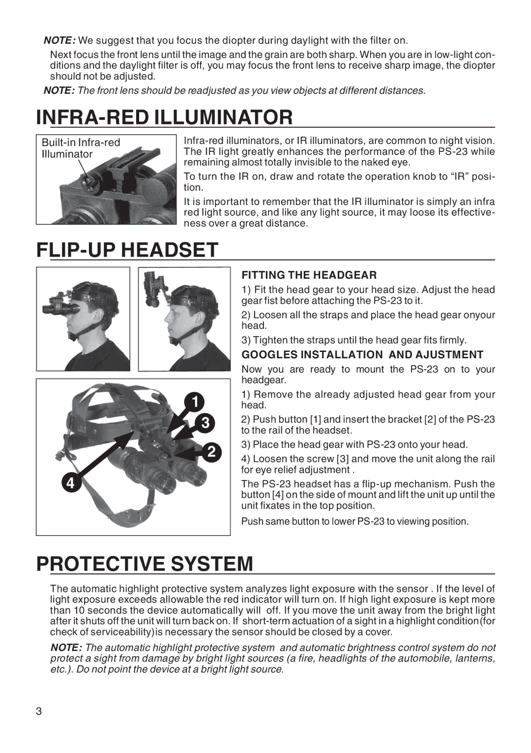 ATN PS-23 manual Infra-Red illuminator, Flip-up headset, Protective system 