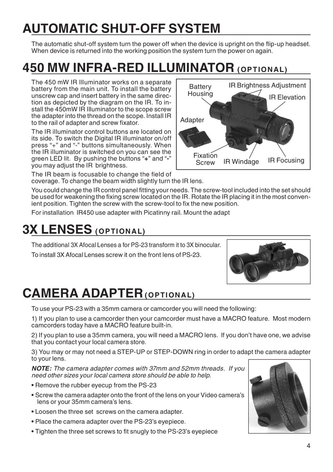 ATN PS-23 manual Automatic shut-off system, Mw infra-red illuminator optio n a l, Camera adapter Optional 