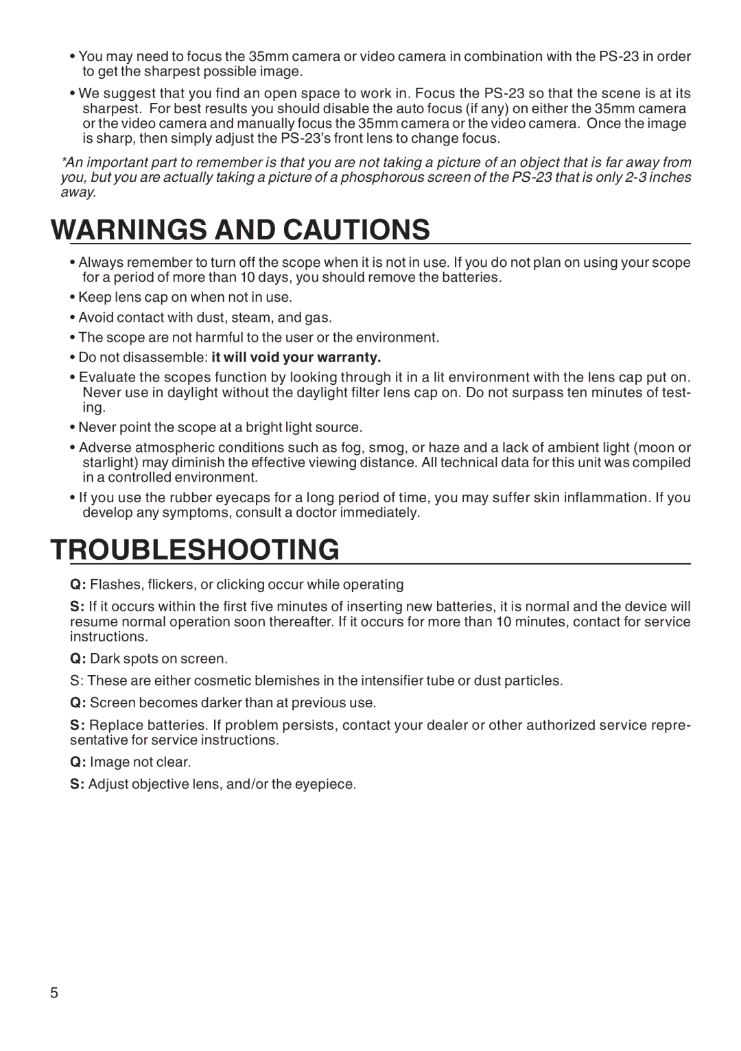 ATN PS-23 manual TroubleShooting, Do not disassemble it will void your warranty 