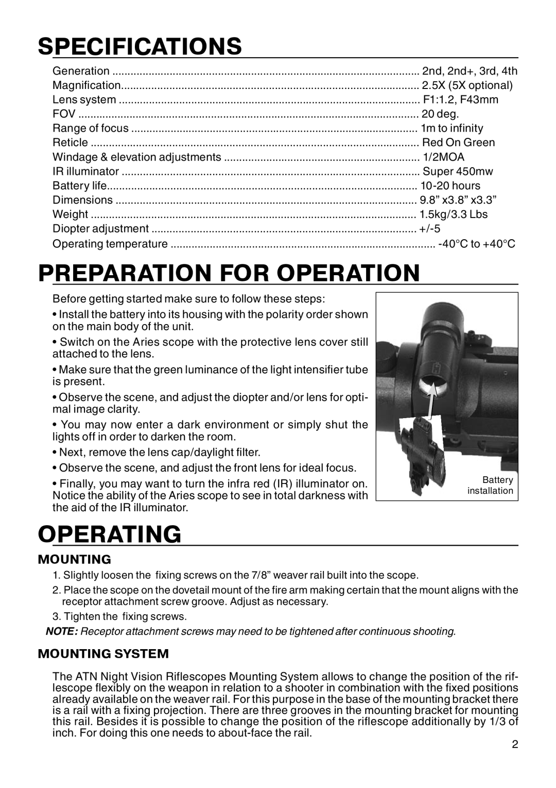 ATN WP-17 manual Specifications, Preparation for Operation, Operating, Mounting System 