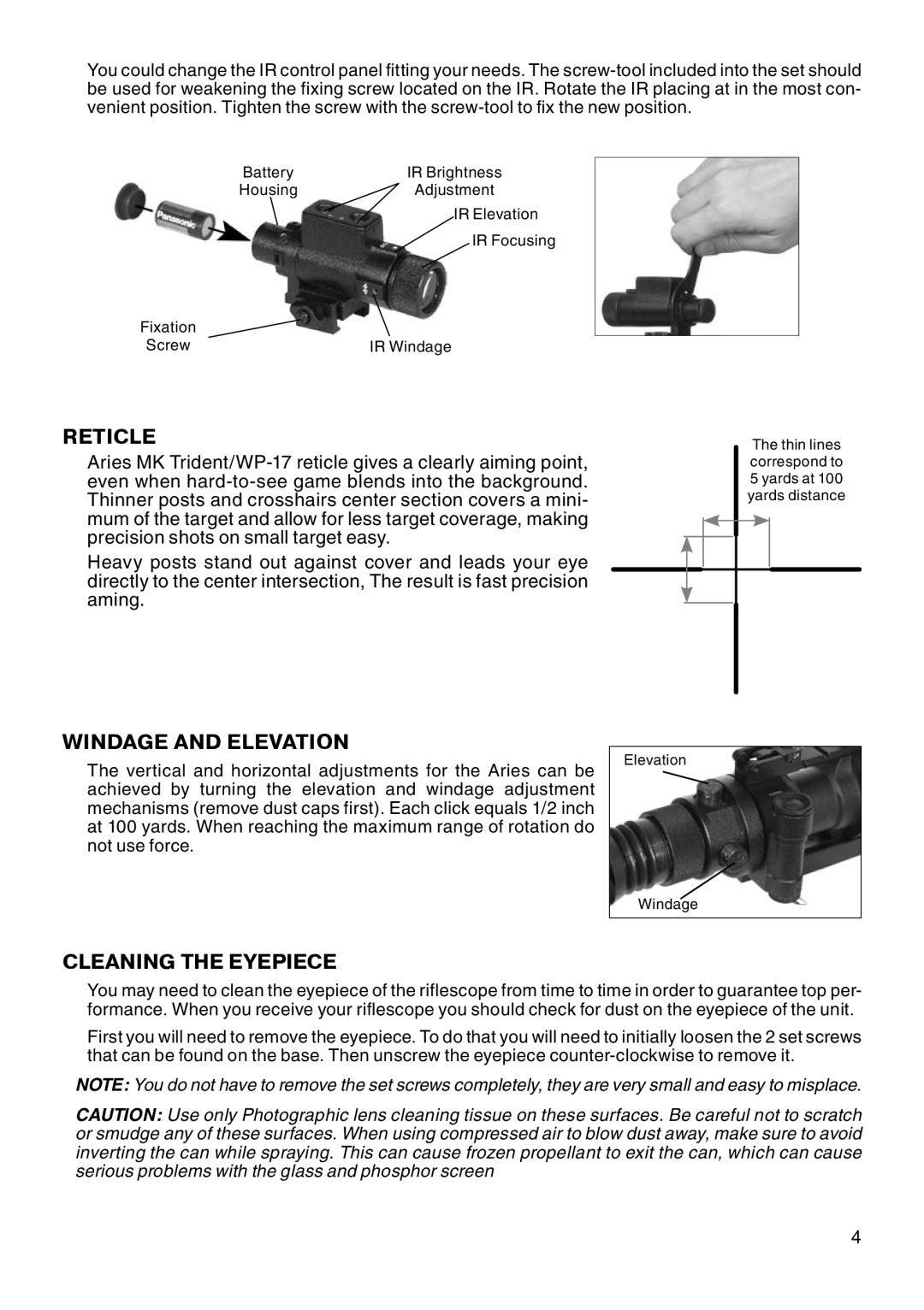 ATN WP-17 manual Reticle, Windage and Elevation, Cleaning the Eyepiece 