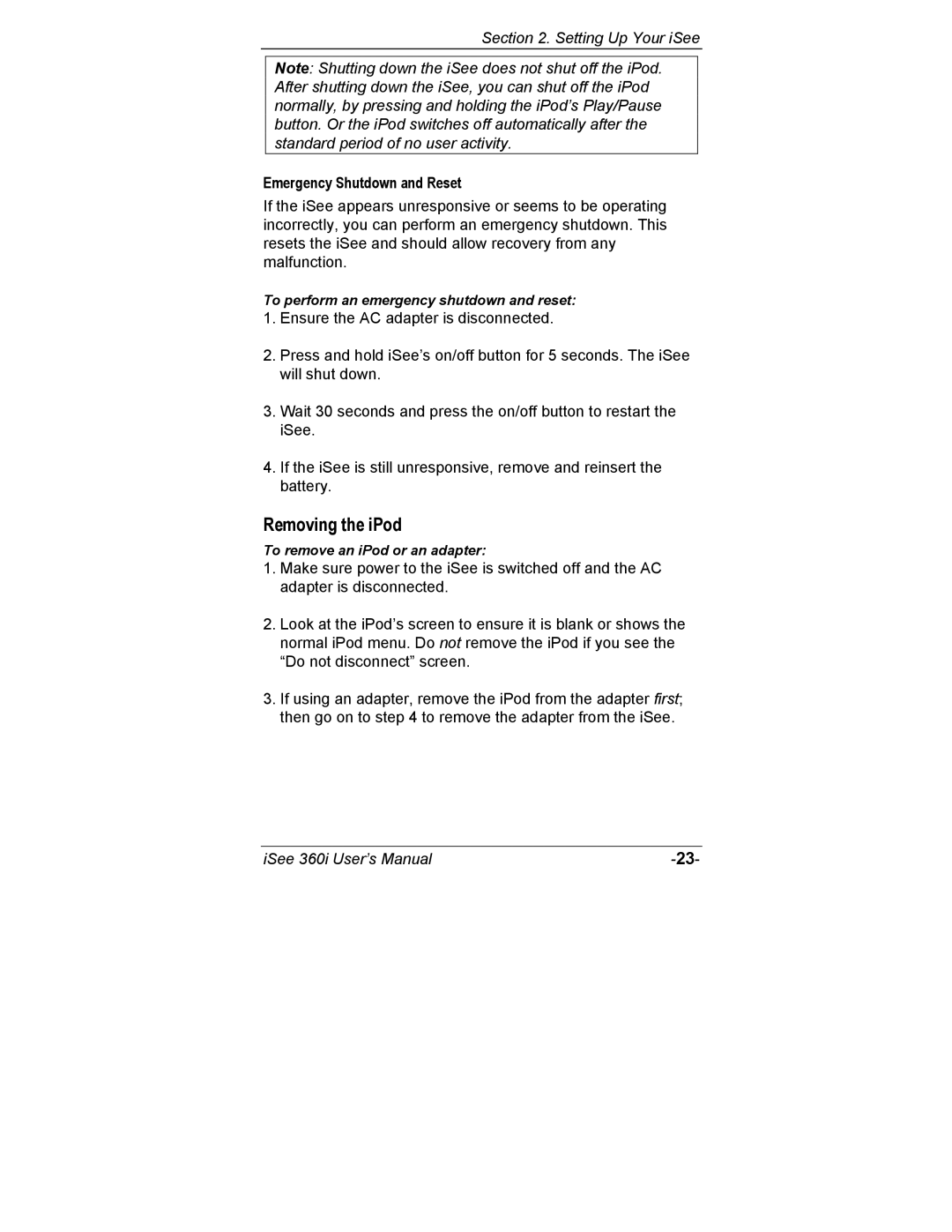 ATO 360i user manual Removing the iPod, Emergency Shutdown and Reset 