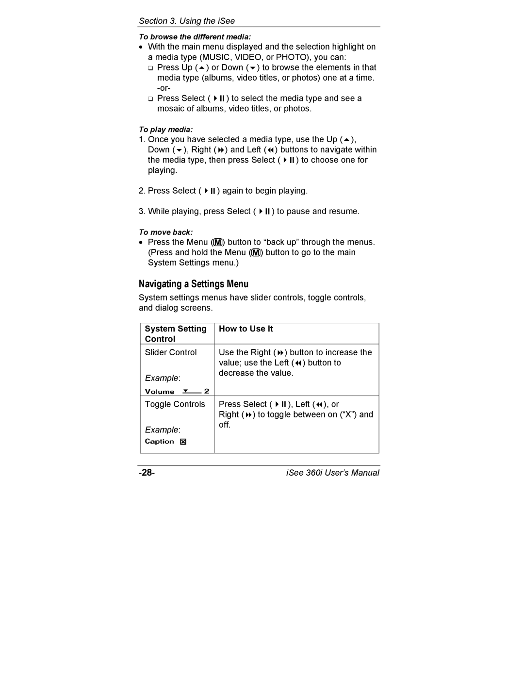 ATO 360i user manual Navigating a Settings Menu, System Setting How to Use It Control 