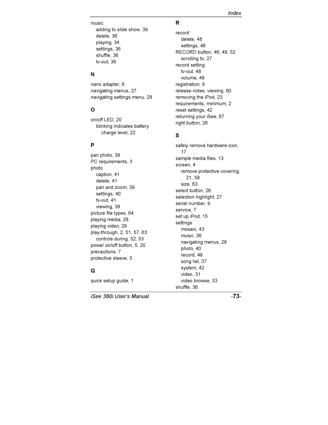 ATO 360i user manual Record setting tv-out, 48 volume, 48 registration 