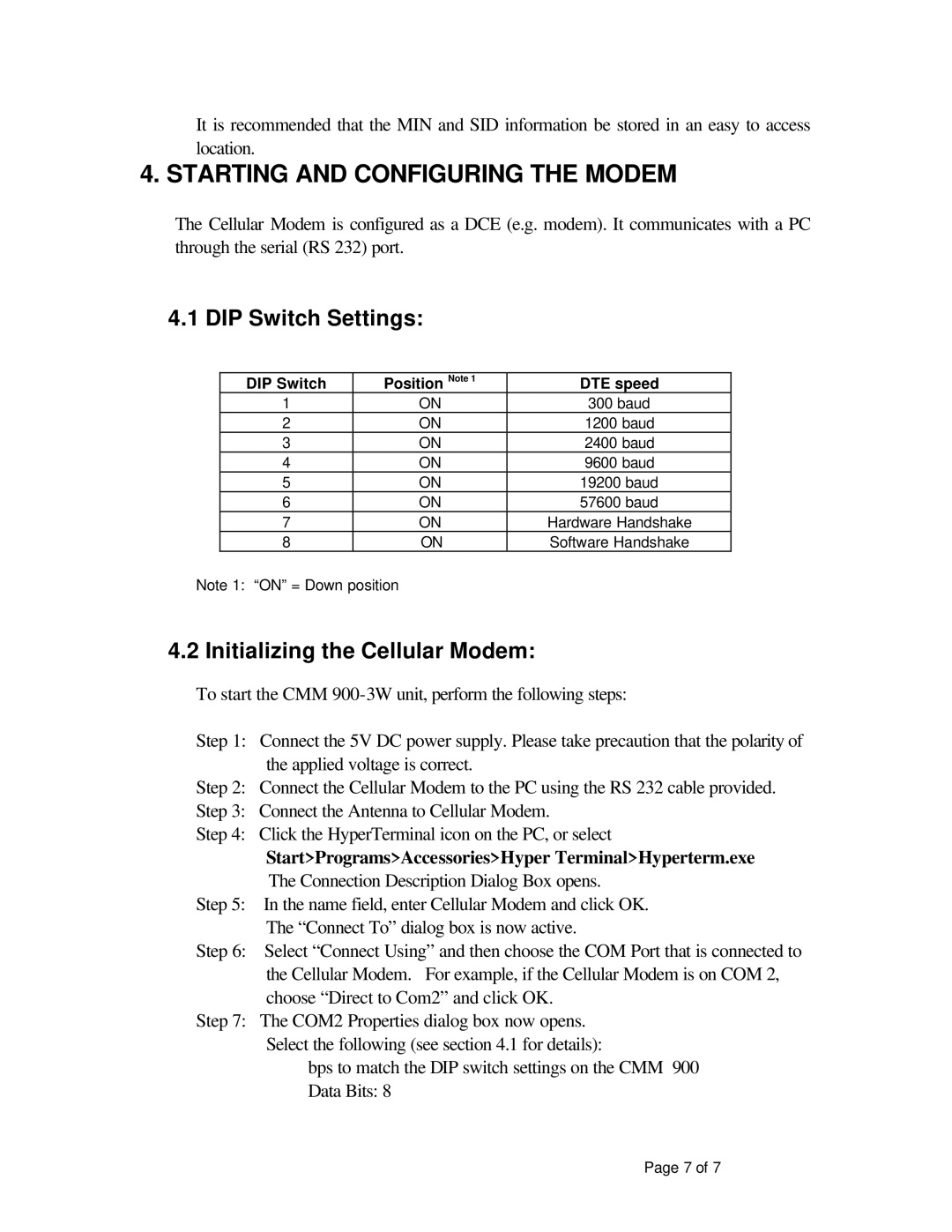 ATO CMM 900-3W manual Starting and Configuring the Modem, DIP Switch Settings, Initializing the Cellular Modem 