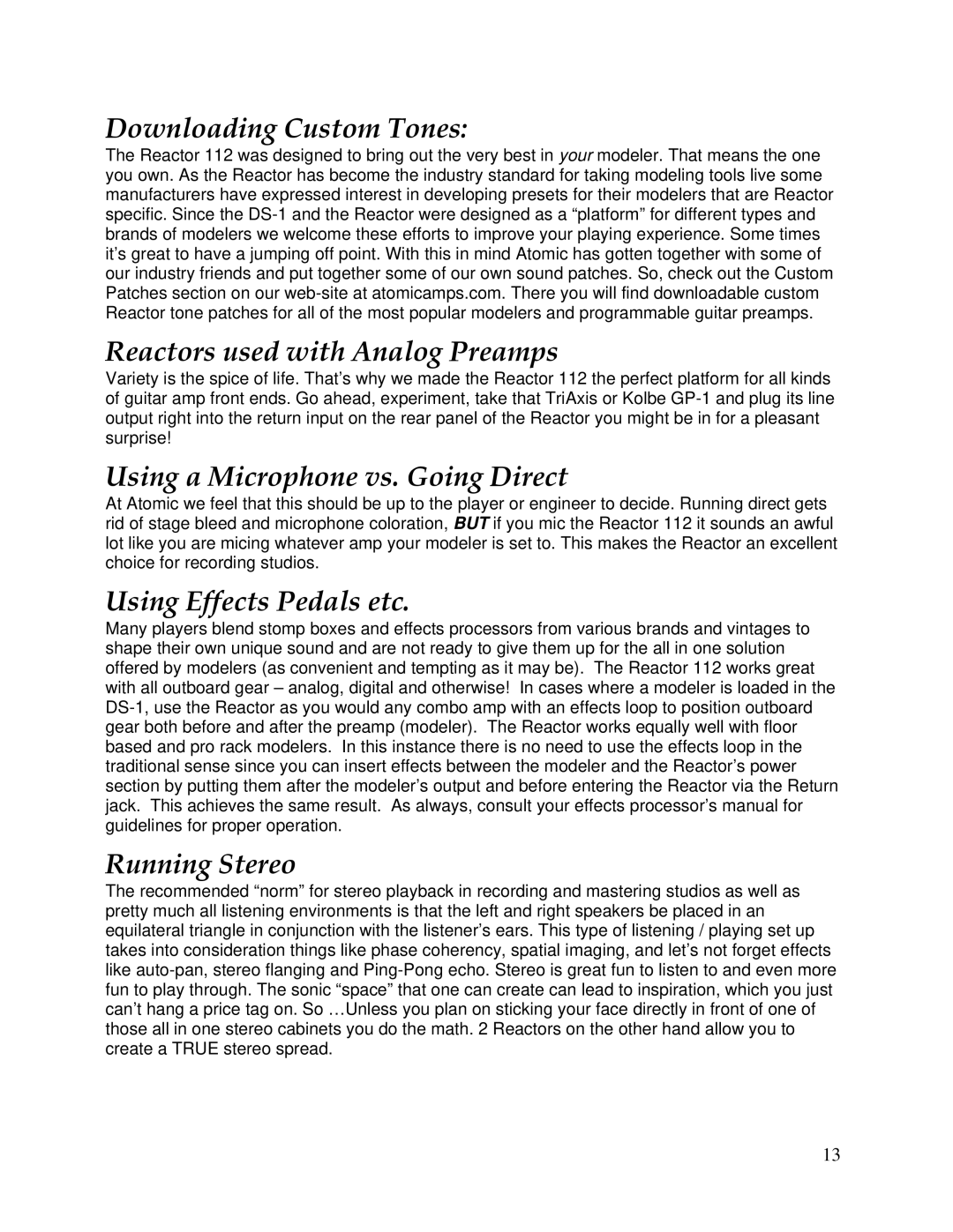 Atomic 112 owner manual Downloading Custom Tones, Reactors used with Analog Preamps, Using a Microphone vs. Going Direct 