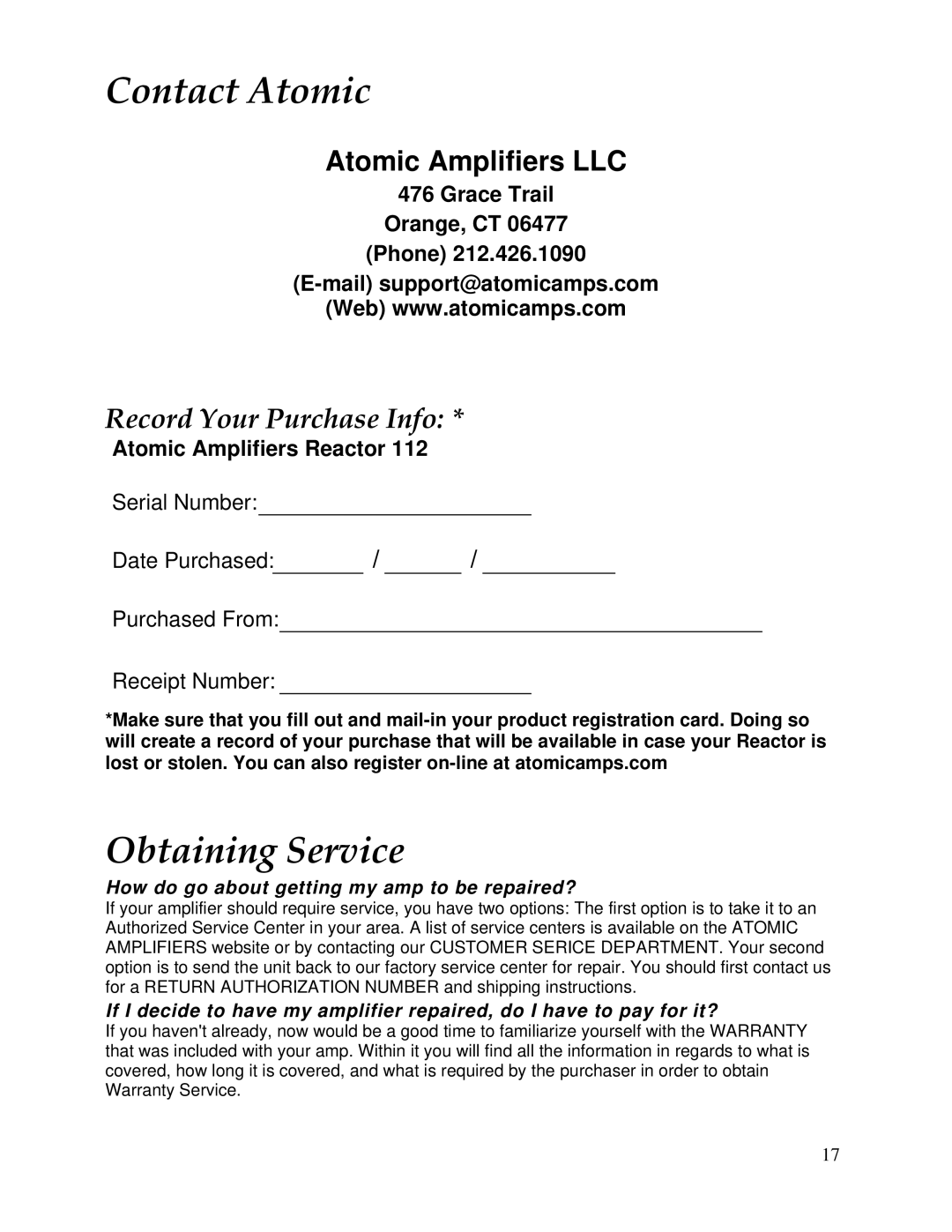 Atomic 112 Contact Atomic, Obtaining Service, Record Your Purchase Info, How do go about getting my amp to be repaired? 