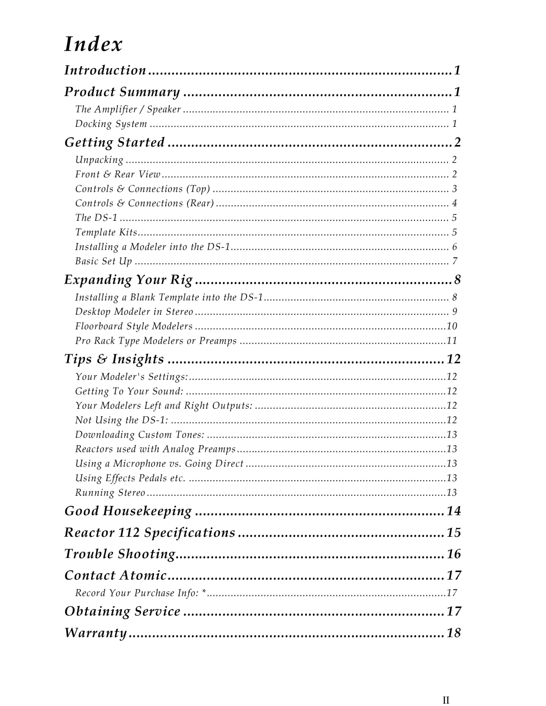 Atomic 112 owner manual Index, Getting Started 