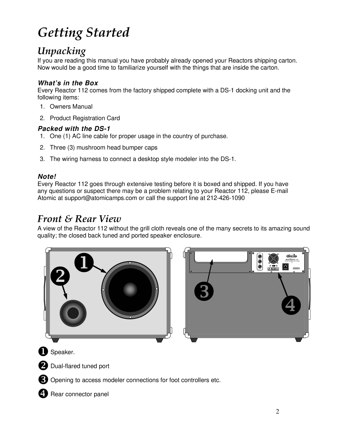 Atomic 112 owner manual Getting Started, Unpacking, Front & Rear View, What’s in the Box, Packed with the DS-1 