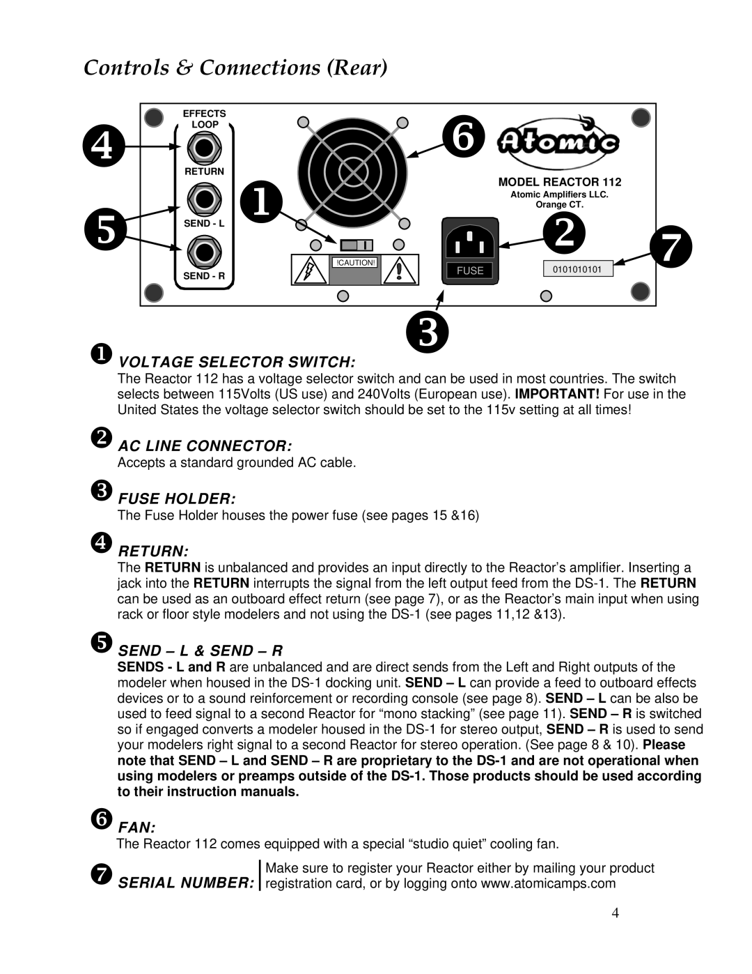 Atomic 112 owner manual Controls & Connections Rear, Send L & Send R FAN 