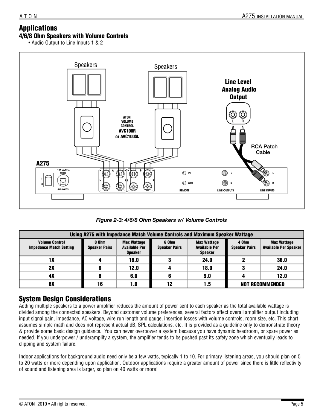 ATON A275 installation manual Applications, System Design Considerations, 4/6/8 Ohm Speakers with Volume Controls, Output 
