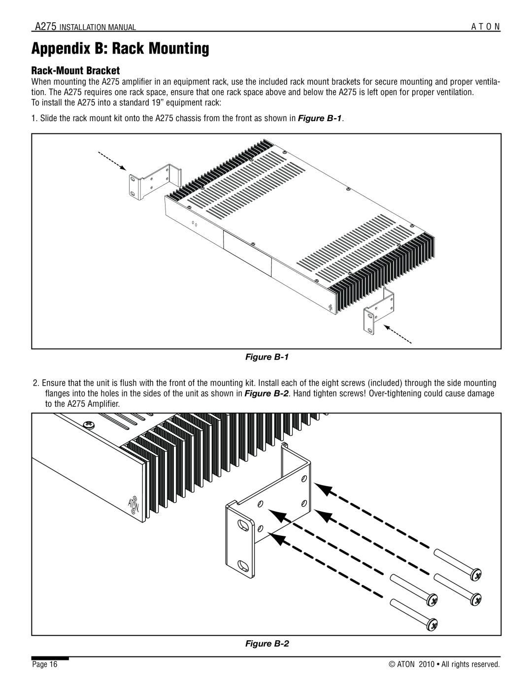 ATON A275 installation manual Appendix B: Rack Mounting, Rack-MountBracket, Figure B-1, Figure B-2 