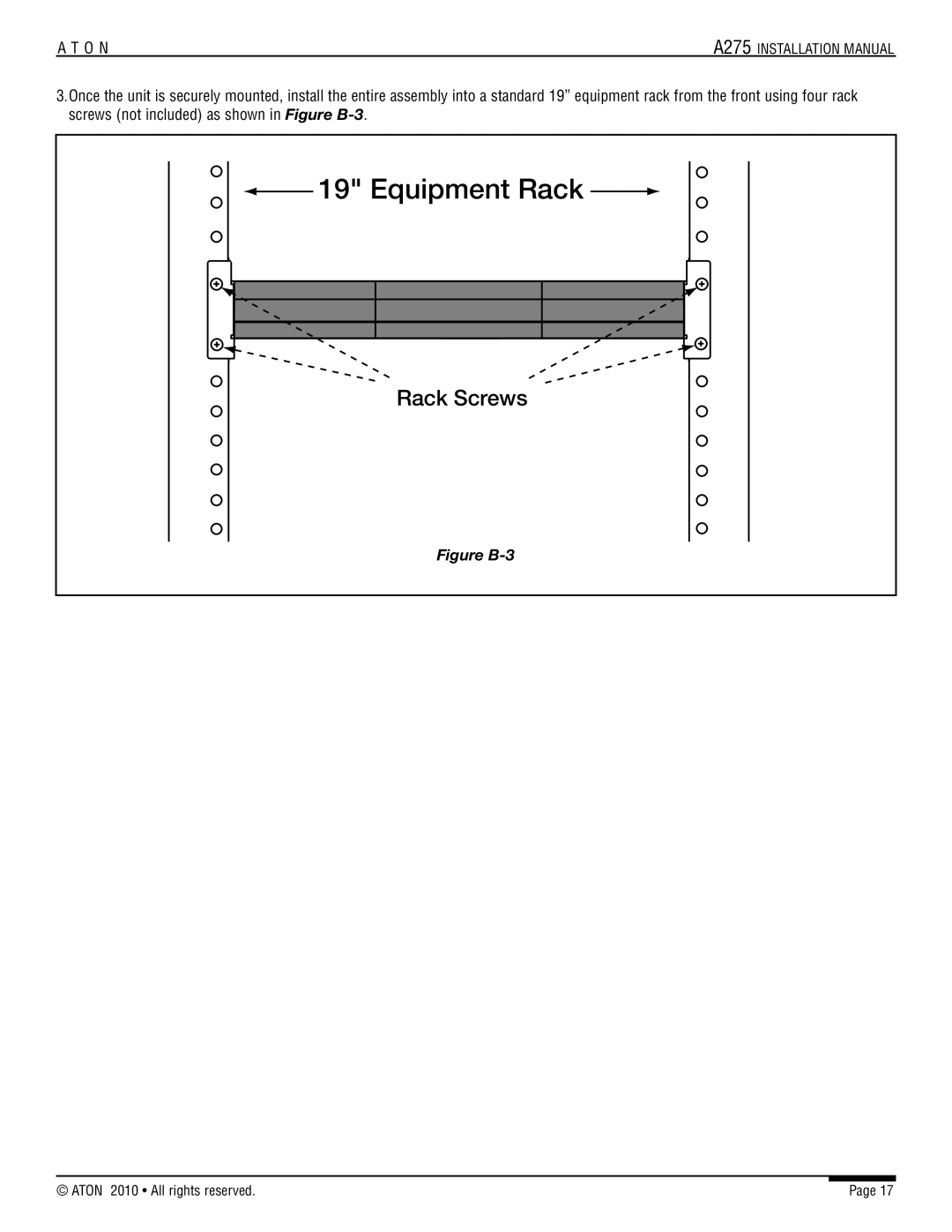ATON A275 installation manual Equipment Rack, Rack Screws, Figure B-3 