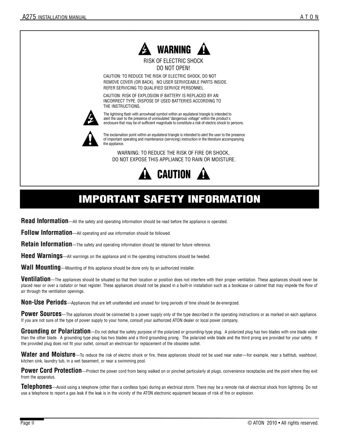 ATON A275 installation manual Important Safety Information, Risk Of Electric Shock Do Not Open 