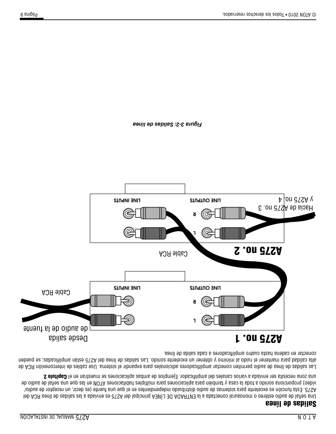 ATON installation manual no A275, RCA Cable, fuente la de audio de salida Desde, línea de Salidas 2 -3Figura 
