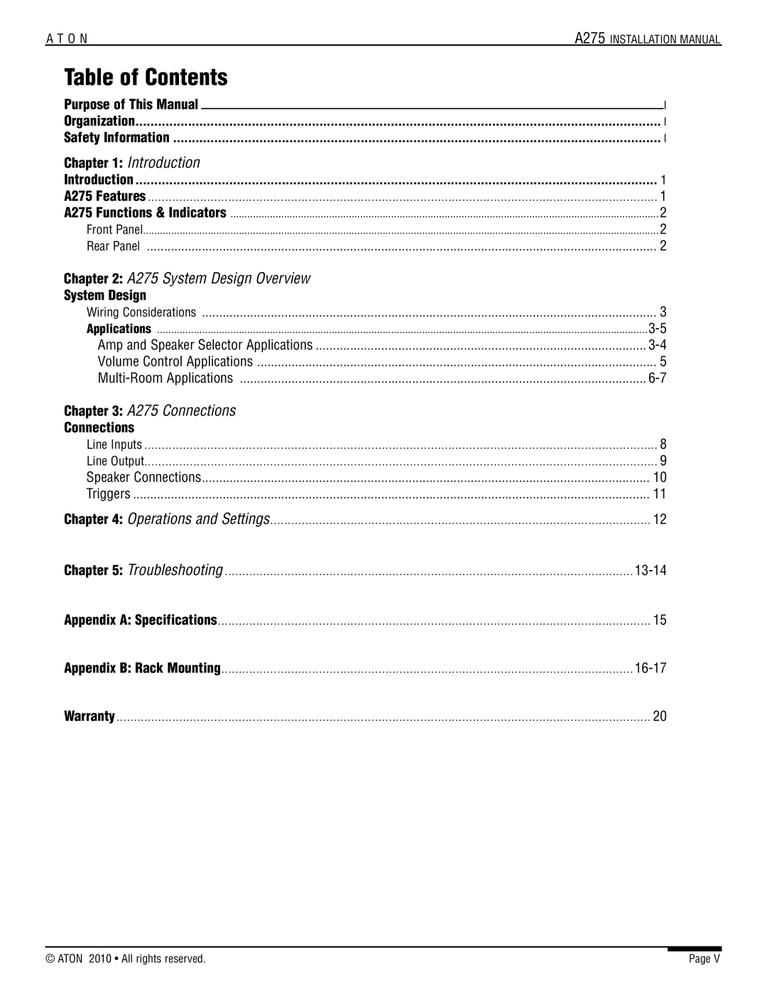 ATON installation manual Table of Contents, Introduction, A275 System Design Overview, A275 Connections 