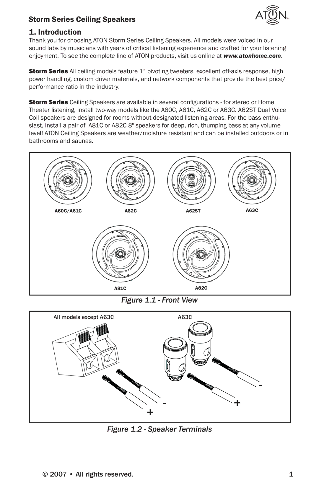 ATON A81C, A62C, A63C, A62ST, A60C, A61C, A82C manual Storm Series Ceiling Speakers Introduction, All rights reserved 