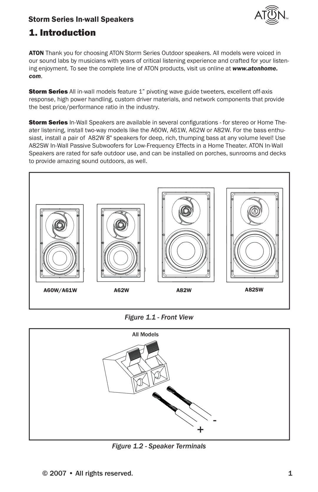 ATON A60W, A62W, A82SW, A61W, A82W manual Introduction, Storm Series In-wall Speakers, All rights reserved 