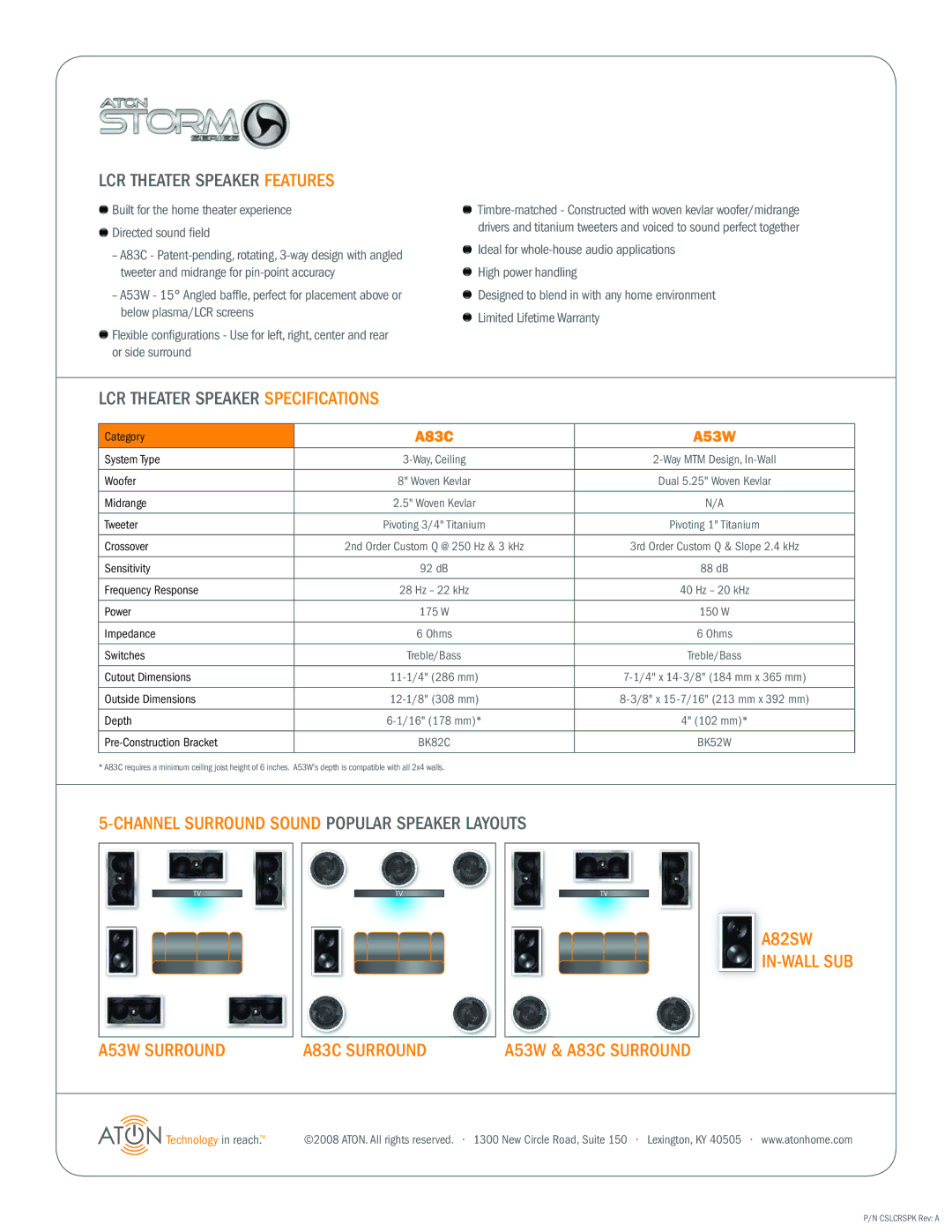 ATON A83C, A53W warranty LCR Theater Speaker Features, LCR Theater Speaker Specifications 