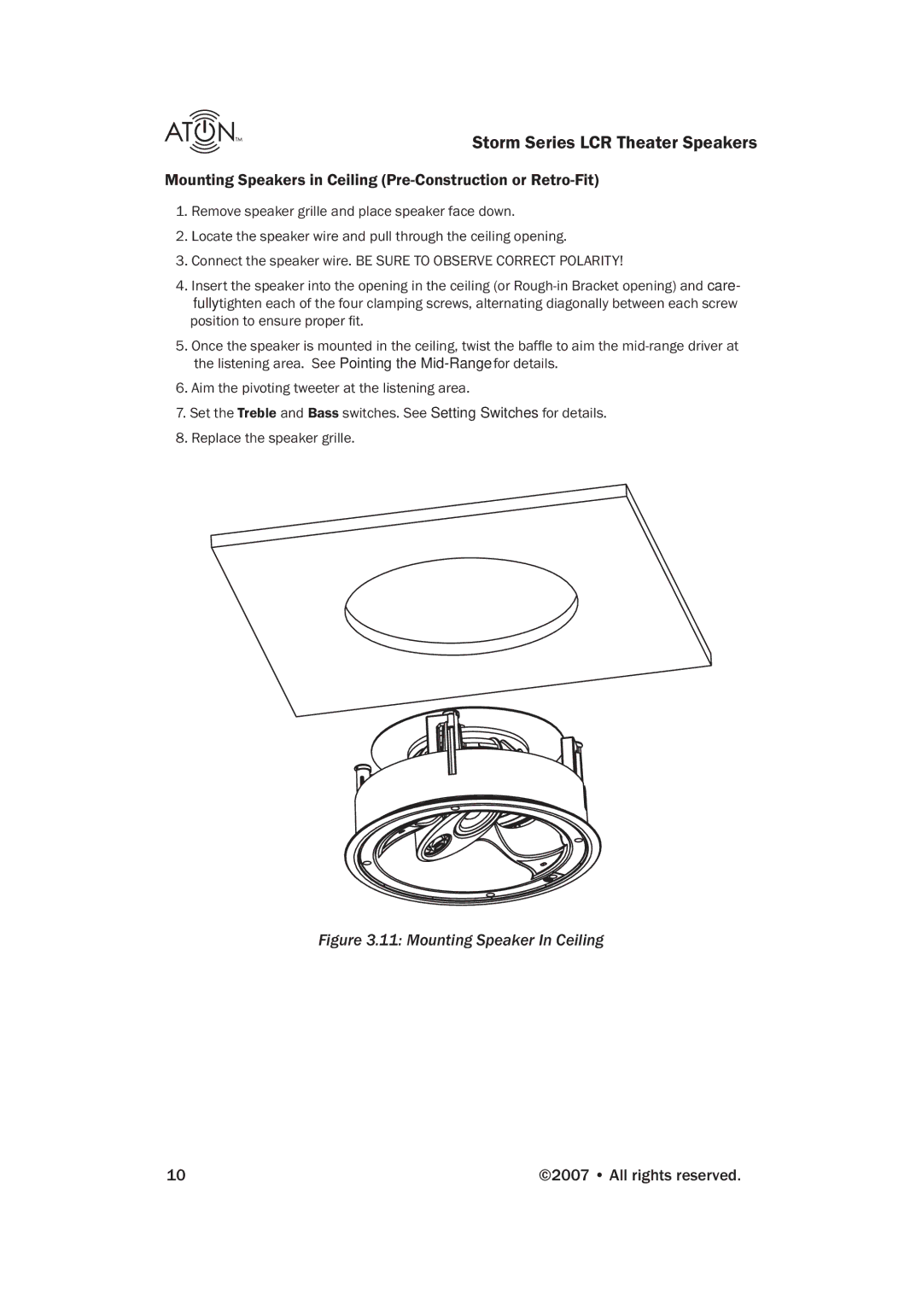 ATON A83C manual Mounting Speakers in Ceiling Pre-Construction or Retro-Fit, Mounting Speaker In Ceiling 