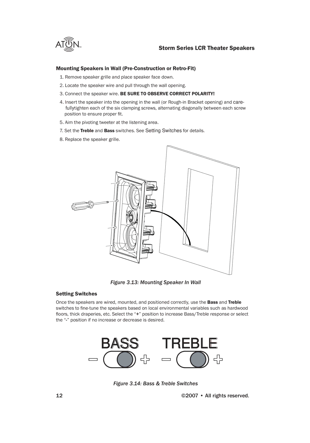 ATON A83C manual Mounting Speakers in Wall Pre-Construction or Retro-Fit, Setting Switches 