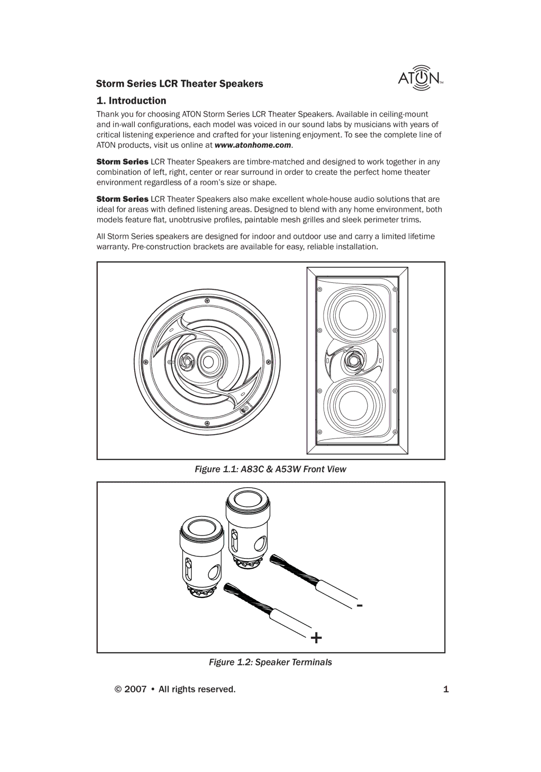 ATON manual Storm Series LCR Theater Speakers Introduction, A83C & A53W Front View 