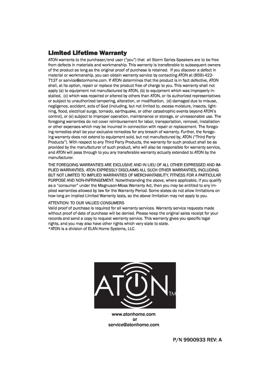 ATON A83C manual P/N 9900933 REV A, Limited Lifetime Warranty 