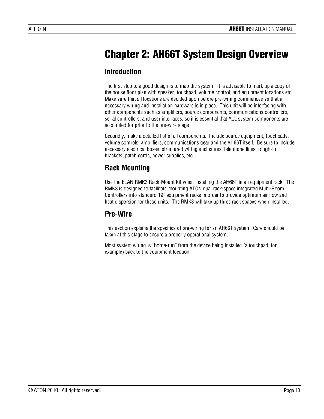 ATON AH66T-KT installation manual AH66T System Design Overview, Introduction, Rack Mounting, Pre-Wire 