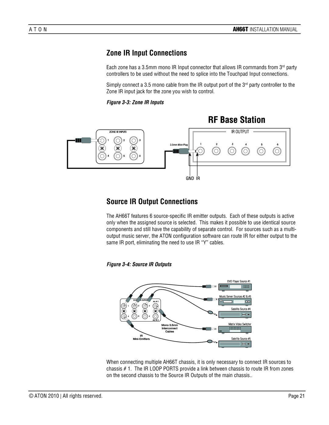 ATON AH66T-KT installation manual Zone IR Input Connections, Source IR Output Connections 