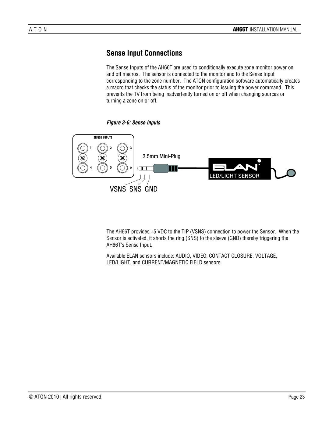 ATON AH66T-KT installation manual Sense Input Connections, Sense Inputs 