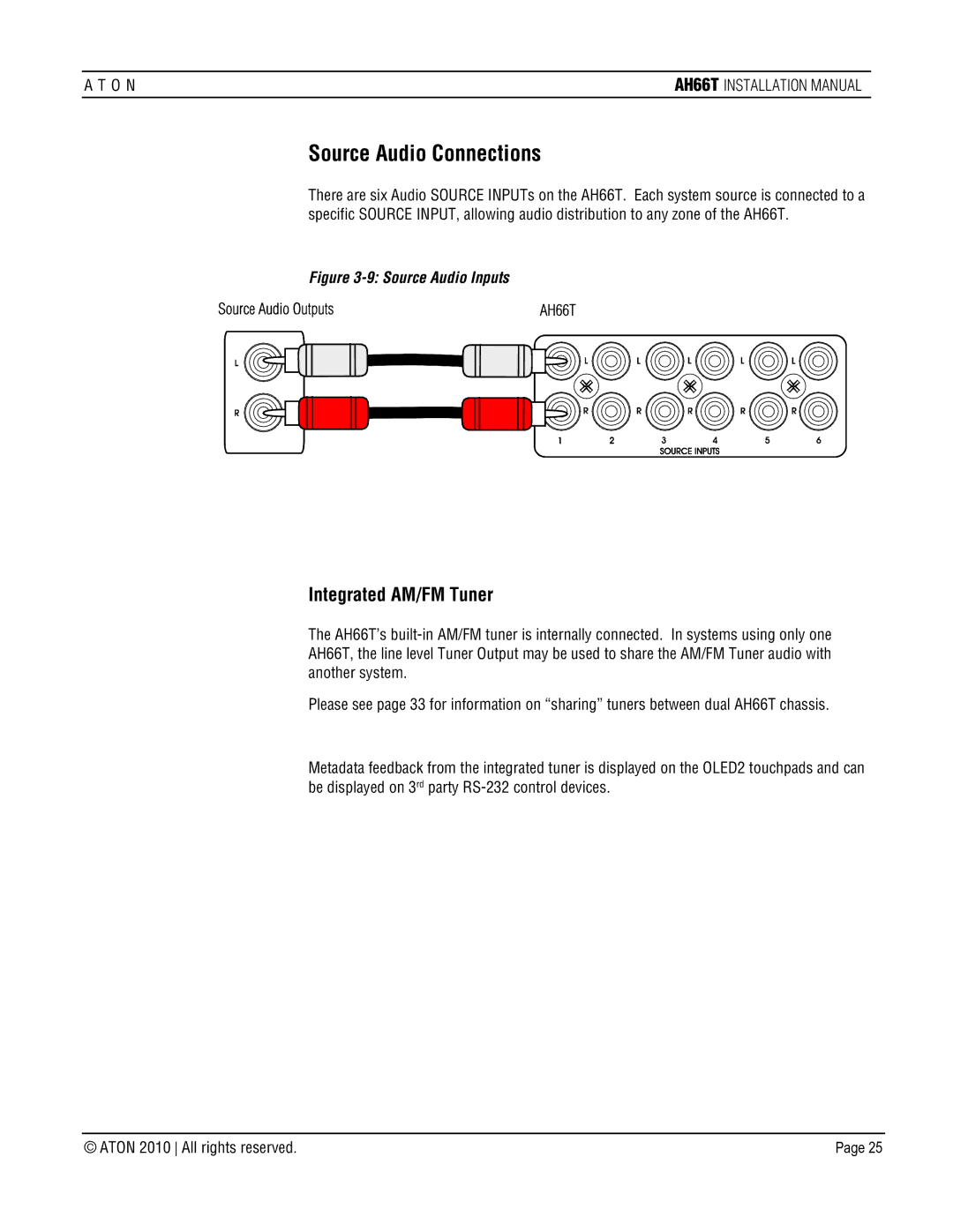 ATON AH66T-KT installation manual Source Audio Connections, Source Audio Inputs 