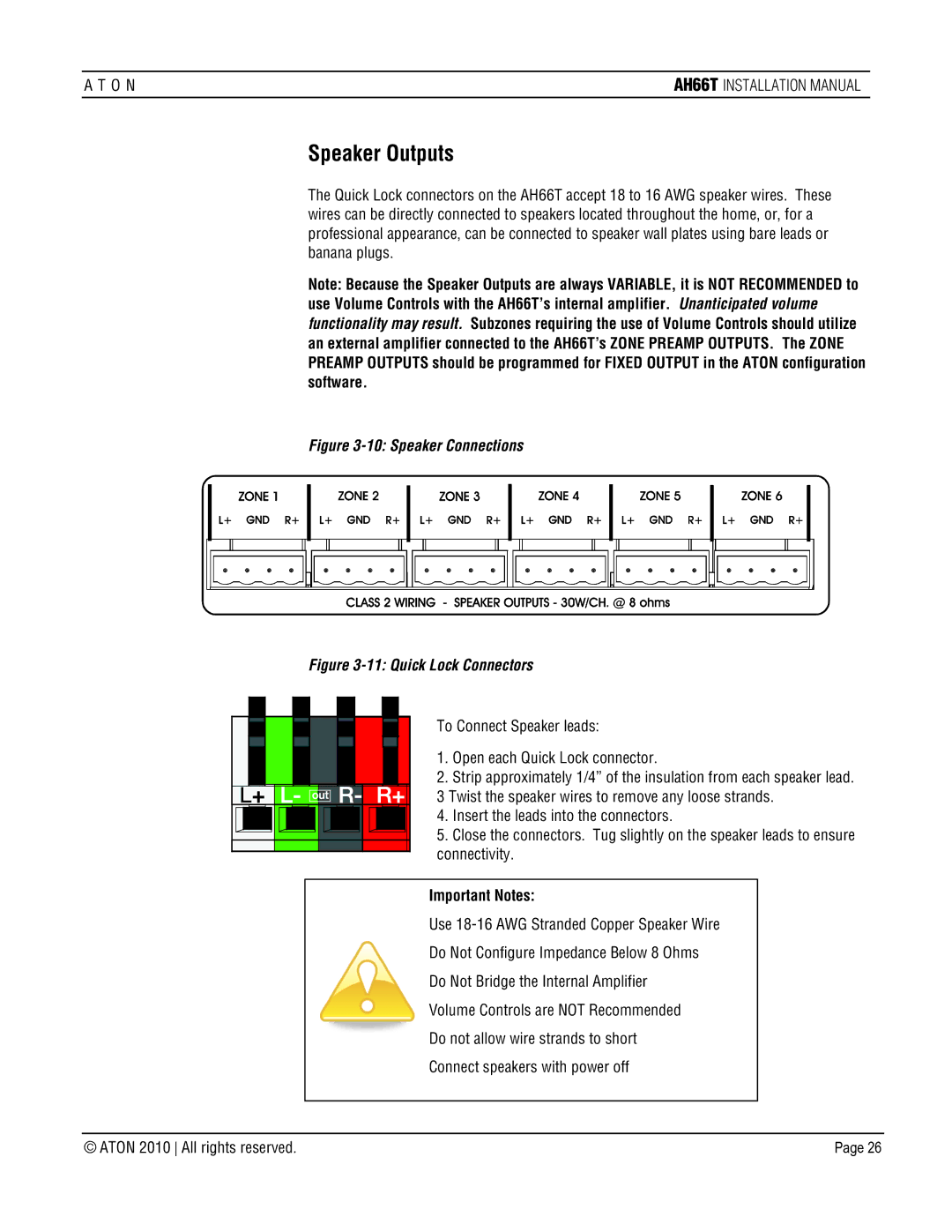 ATON AH66T-KT installation manual Speaker Outputs, Important Notes 