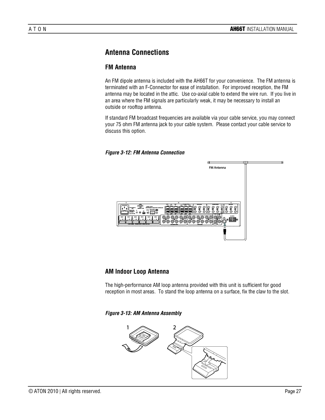 ATON AH66T-KT installation manual Antenna Connections, FM Antenna, AM Indoor Loop Antenna 