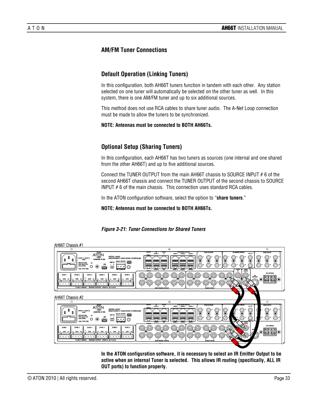 ATON AH66T-KT installation manual AM/FM Tuner Connections Default Operation Linking Tuners, Optional Setup Sharing Tuners 