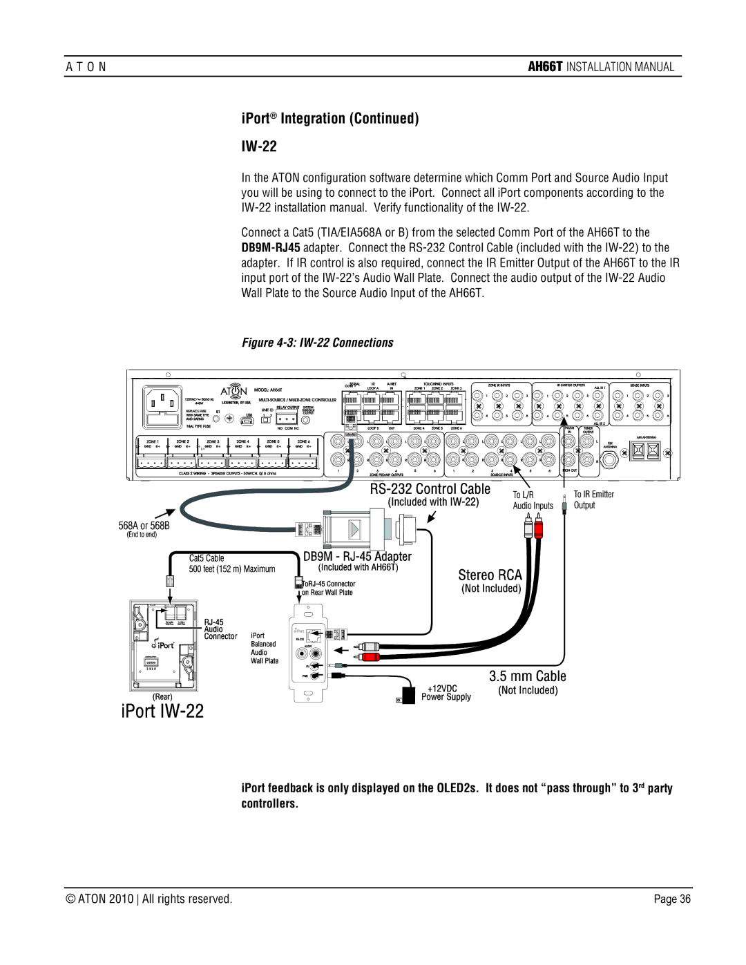 ATON AH66T-KT installation manual IPort Integration IW-22, IW-22 Connections 