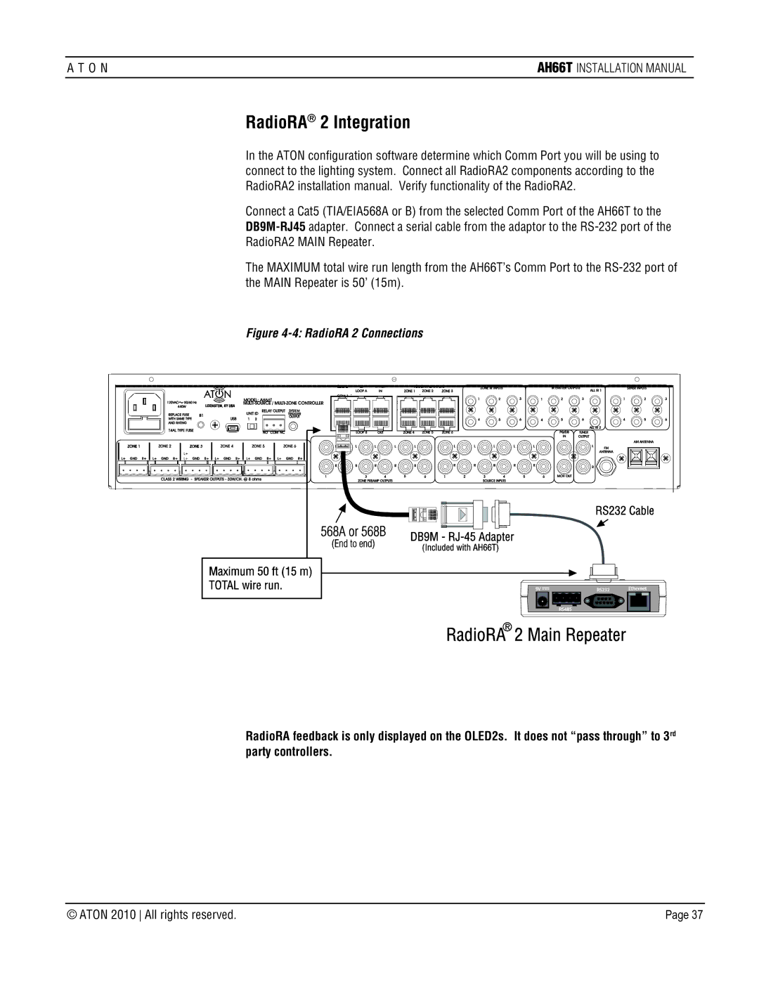 ATON AH66T-KT installation manual RadioRA 2 Integration, RadioRA 2 Connections 