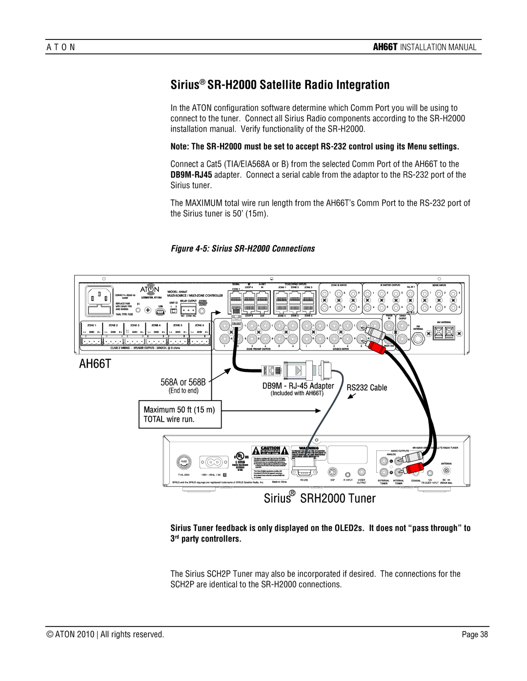 ATON AH66T-KT installation manual Sirius SR-H2000 Satellite Radio Integration, Sirius SR-H2000 Connections 