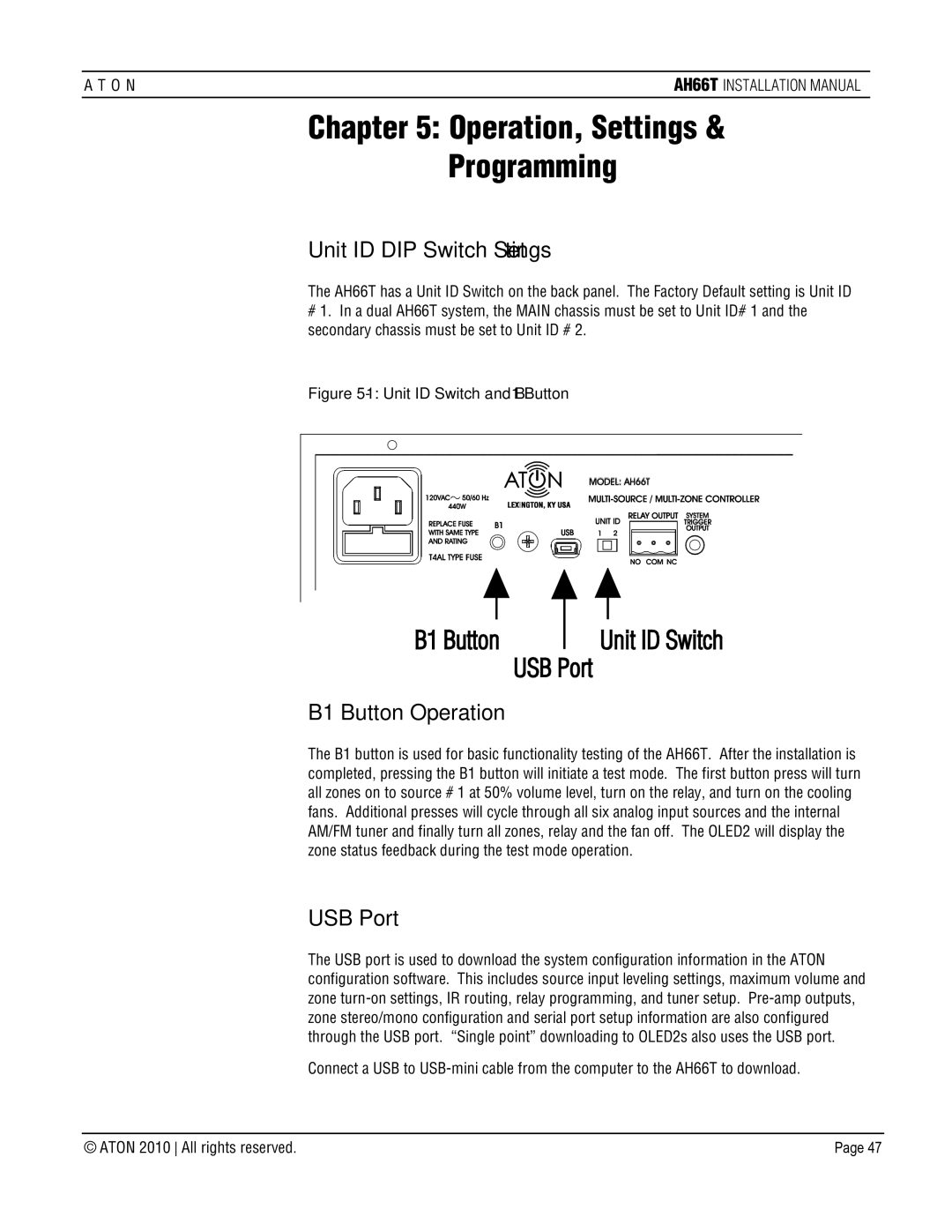ATON AH66T-KT Operation, Settings, Programming, Unit ID DIP Switch Settings, B1 Button Operation, USB Port 