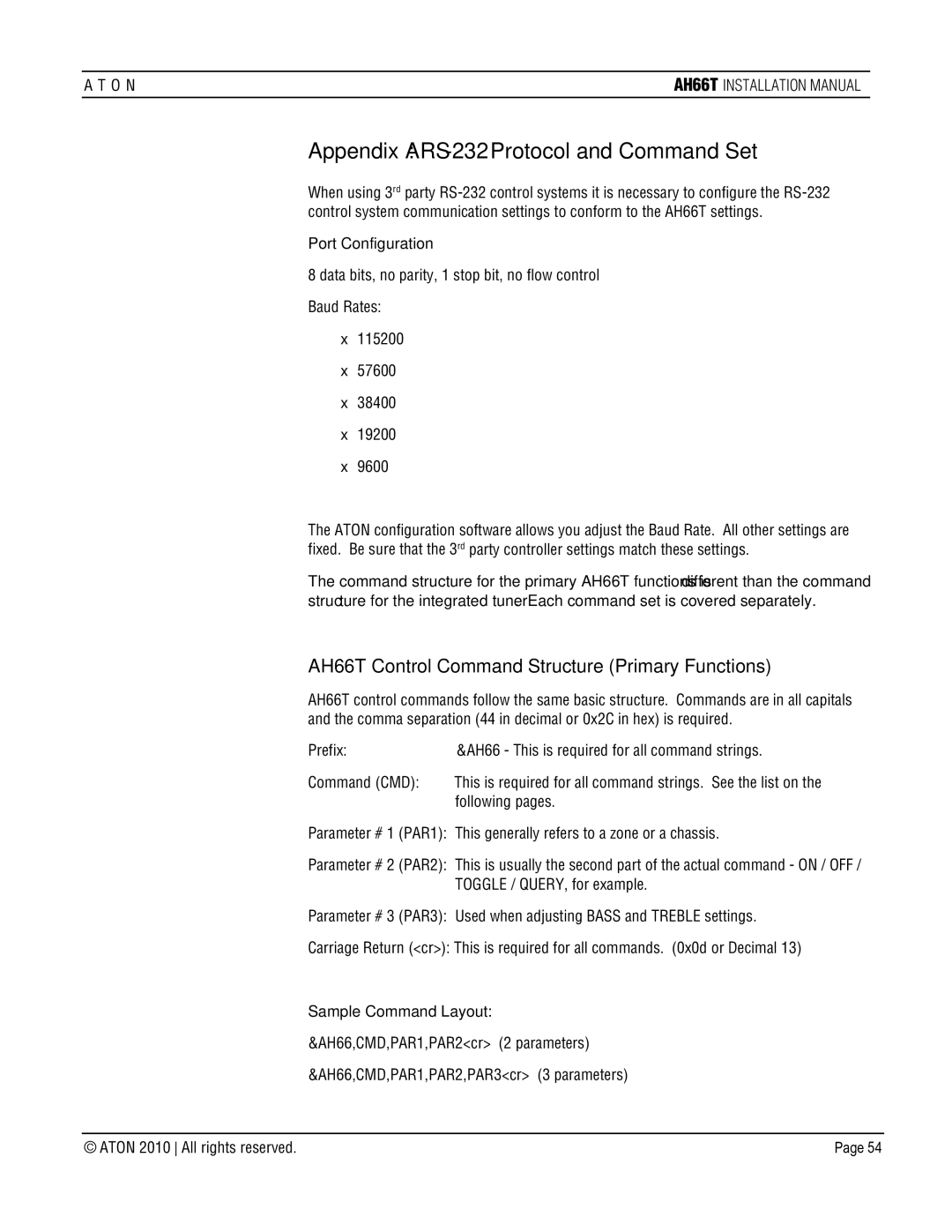 ATON AH66T-KT Appendix a RS-232 Protocol and Command Set, AH66T Control Command Structure Primary Functions 