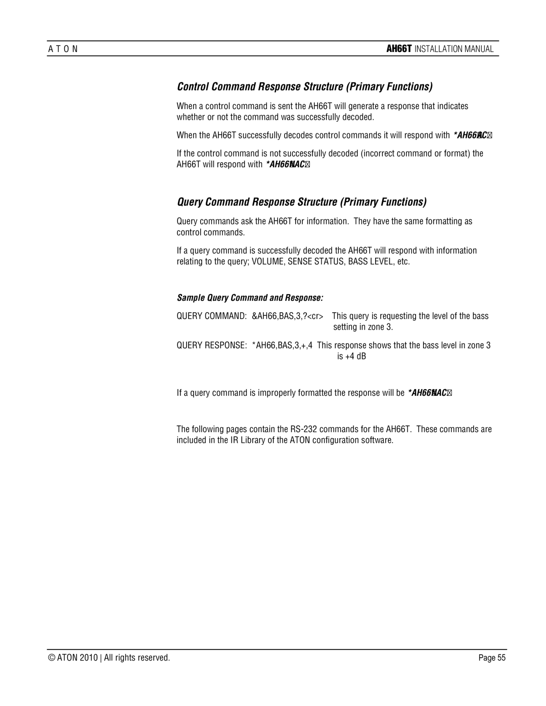 ATON AH66T-KT Control Command Response Structure Primary Functions, Query Command Response Structure Primary Functions 