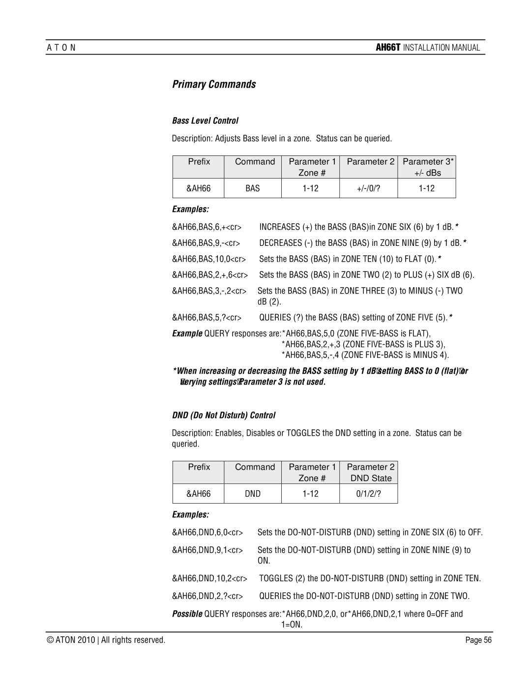 ATON AH66T-KT installation manual Primary Commands, Bass Level Control, Examples 