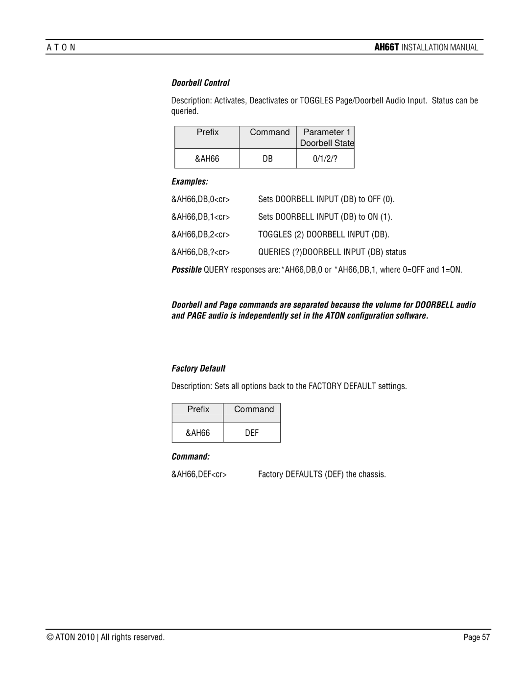 ATON AH66T-KT installation manual Doorbell Control, Factory Default, Command 