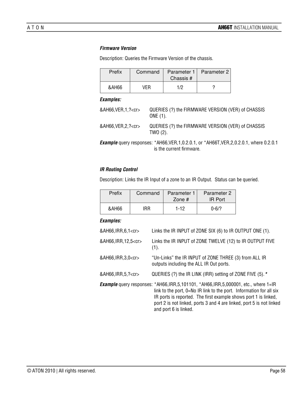 ATON AH66T-KT installation manual Firmware Version, IR Routing Control 