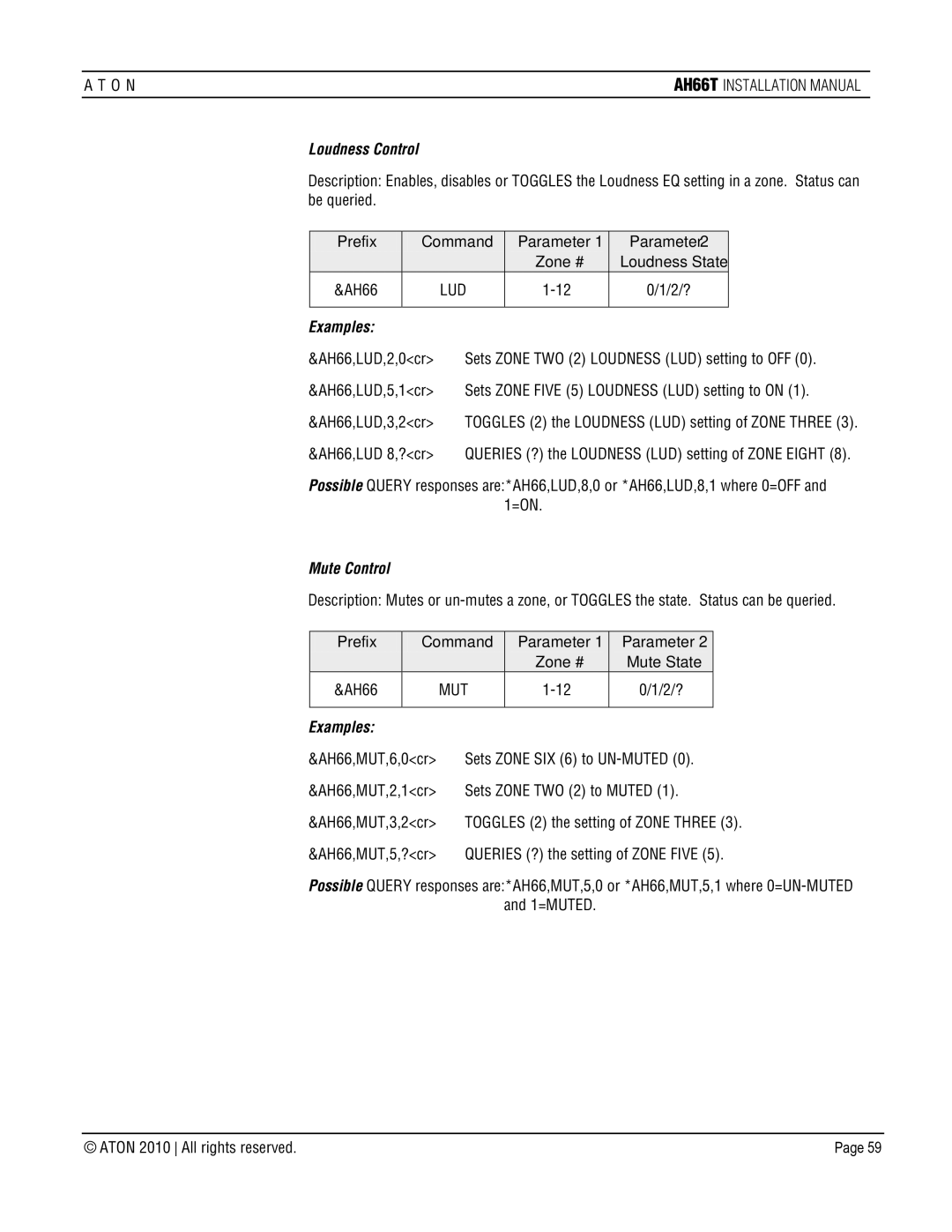 ATON AH66T-KT Loudness Control, Sets Zone Five 5 Loudness LUD setting to on, Mute Control, Sets Zone SIX 6 to UN-MUTED 