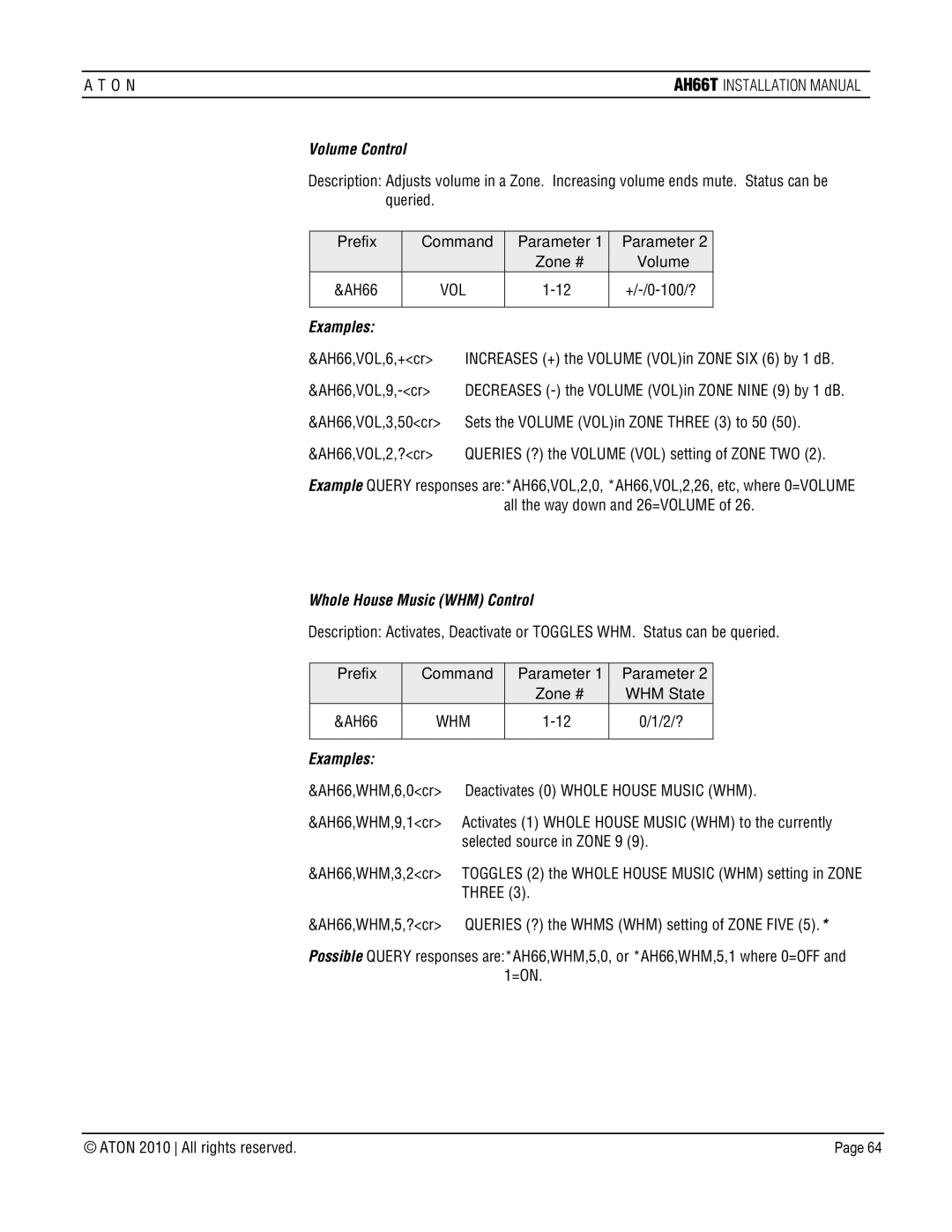 ATON AH66T-KT installation manual Volume Control, Whole House Music WHM Control 