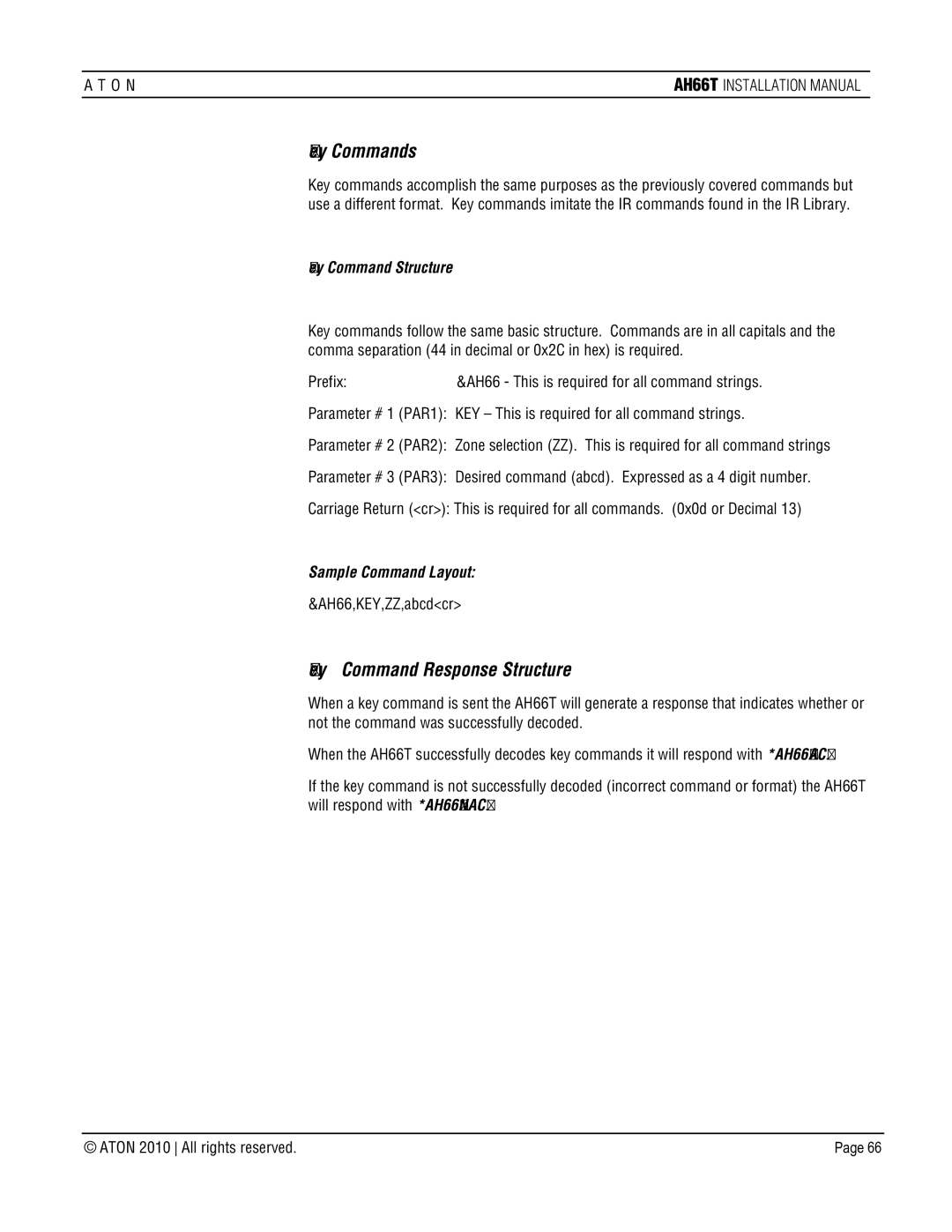 ATON AH66T-KT installation manual Key Commands, Key Command Response Structure, Key Command Structure, AH66,KEY,ZZ,abcdcr 