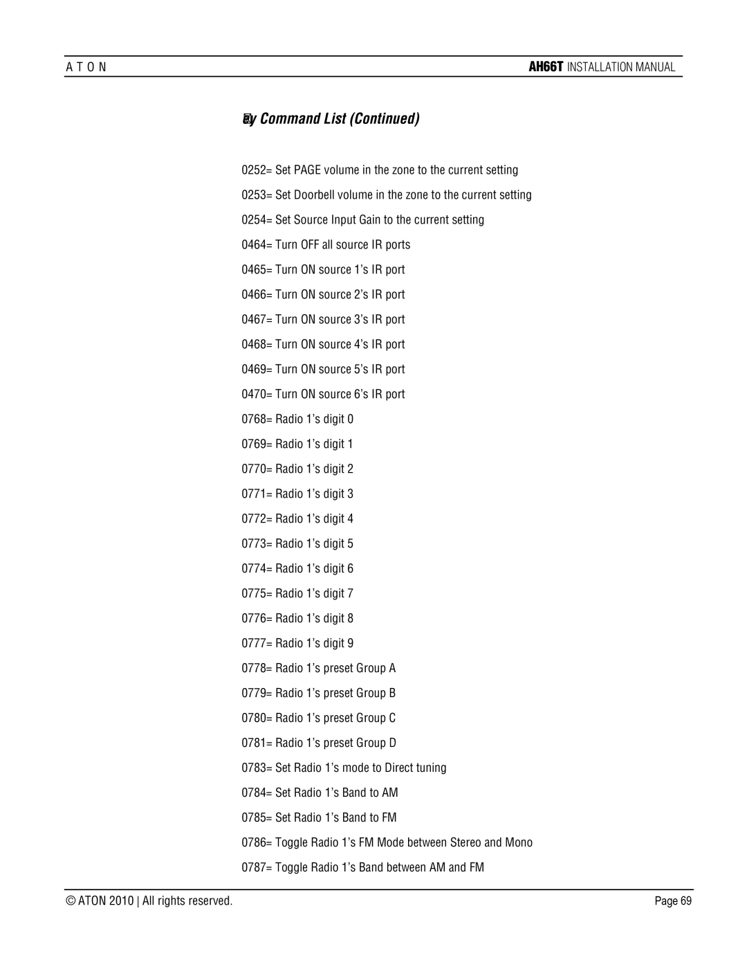 ATON AH66T-KT installation manual 0785= Set Radio 1’s Band to FM 