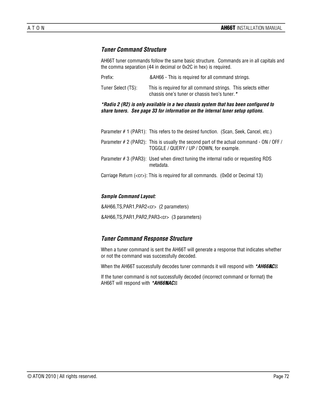 ATON AH66T-KT Tuner Command Structure, Tuner Command Response Structure, Chassis one’s tuner or chassis two’s tuner 