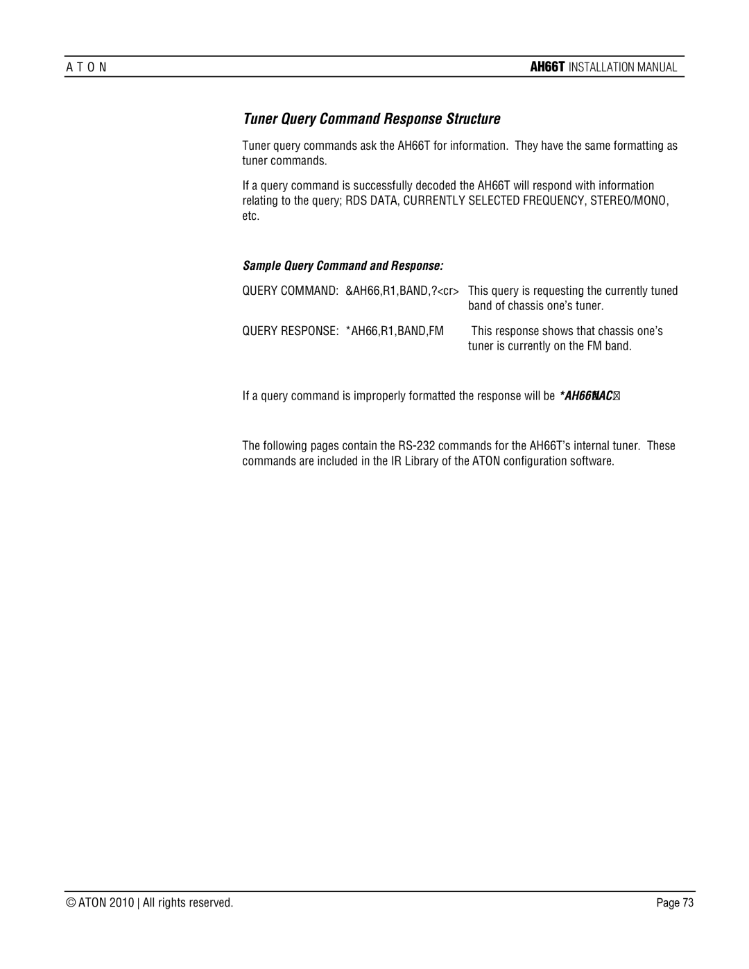 ATON AH66T-KT Tuner Query Command Response Structure, Band of chassis one’s tuner, Tuner is currently on the FM band 