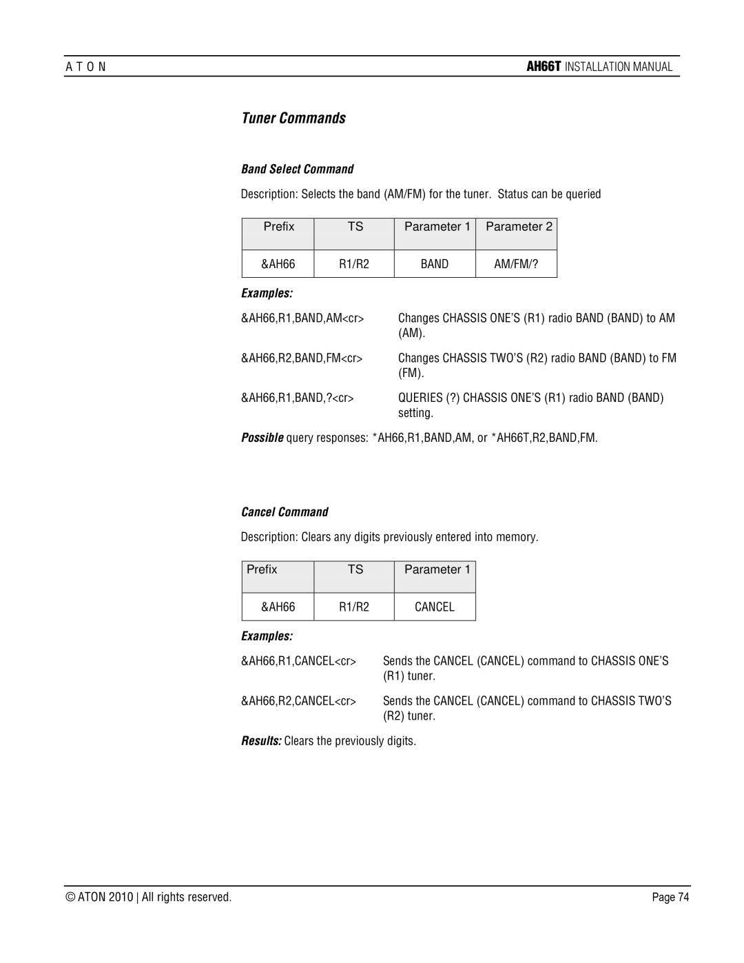 ATON AH66T-KT installation manual Tuner Commands, Band Select Command, Cancel Command 